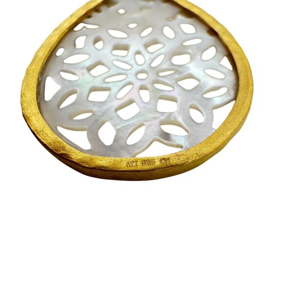 Vermeil 925 Sterling Silver Teardrop Earrings Mother Of Pearl Lasercut Inlay - Picture 2 of 8